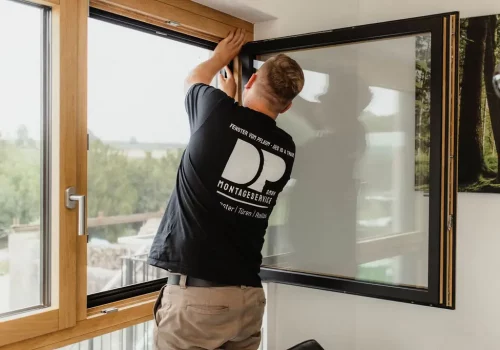 Daniel Pflaum passt das Fliegengitter nach Maß in den Fensterrahmen ein